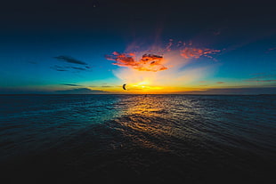 silhouette of kite surfing, sea, sky, kitesurfing