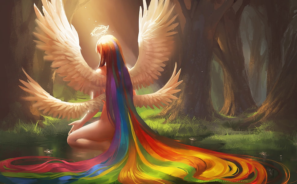 multi-colored haired of angel painting HD wallpaper