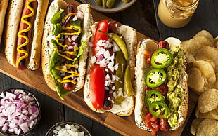 variety of hotdog sandwiches, food, hot dogs