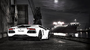 white luxury car, Lamborghini, Lamborghini Aventador, car