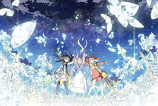 three female anime character on a crystal flowerfield digital illustration, Glass no Hana to Kowasu Sekai, Dorothy (Garakowa), Remo (Garakowa), Dual (Garakowa)