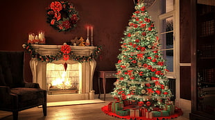 green Christmas tree and Christmas ornament lot,  Christmas tree, Christmas ornaments , fireplace, pine trees