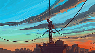 brown electric post wallpaper, artwork, clouds, sky