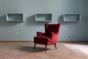 red suede wing chair, room, chair, interior, abandoned