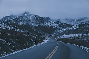 gray concrete road and snow-covered mountain, nature, mountains, winter, snow