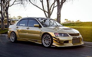 gold sedan, car, Mitsubishi Lancer, Mitsubishi, tuning HD wallpaper