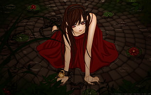 female character in red dress digital wallpaper