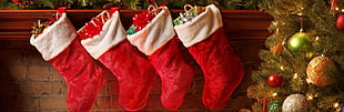 three red several Christmas stockings HD wallpaper