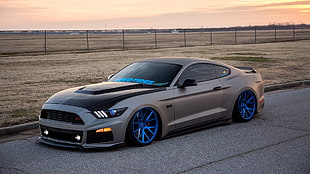 black sports coupe, Ford, Ford Mustang, rims, Stance
