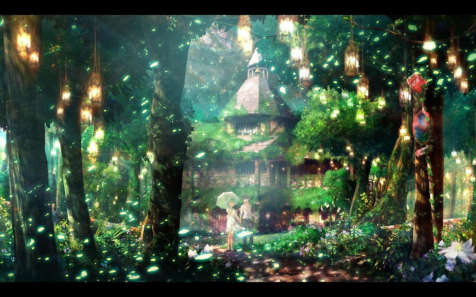 couple walking thru house, forest, trees, anime, artwork HD wallpaper