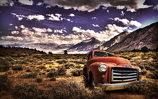 vintage red pickup truck, landscape, nature, HDR, mountains