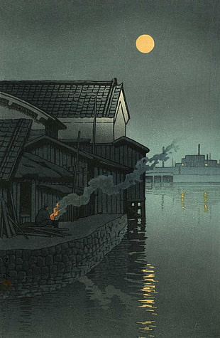 wooden house near body of water illustration, illustration, artwork
