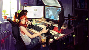 girl with red hair sitting on video rocker illustration HD wallpaper