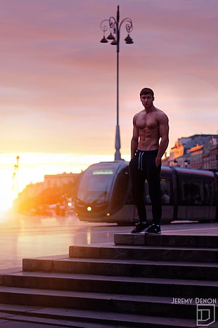 men's black sweatpants, sunset, sports, city, France HD wallpaper