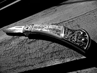silver-colored handle knife, knife, weapon, monochrome