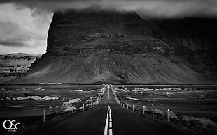 grayscale photography of road, road, cliff, desert, monochrome