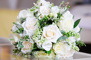 white rose bouquet on table surface