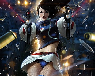 woman wearing blue and white top wielding two black guns illustration