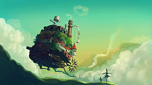 floating ship with house anime, Howl's Moving Castle, Hayao Miyazaki HD wallpaper