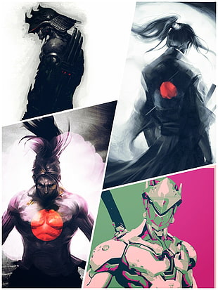 four assorted samurai illustrations collage, Genji (Overwatch), Genji Shimada, Yasuo (League of Legends), Yasuo HD wallpaper