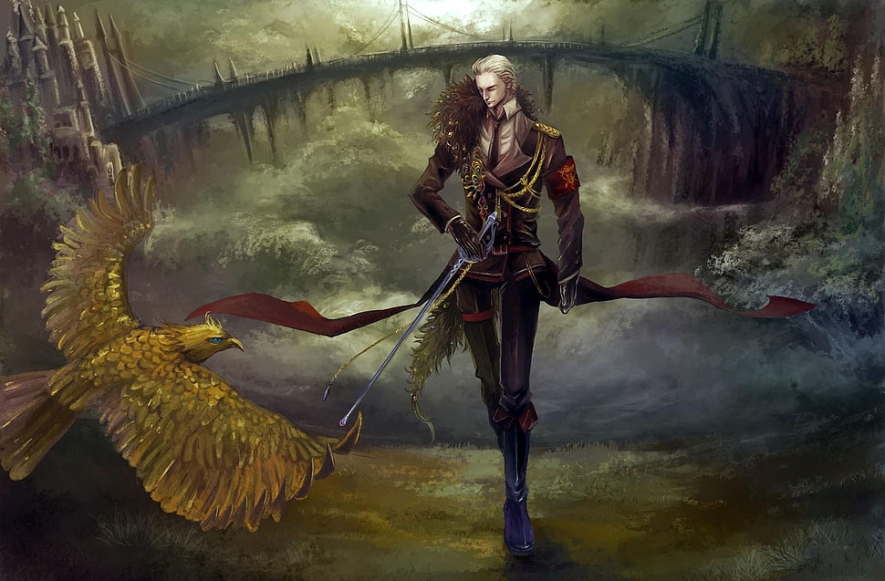man holding sword painting HD wallpaper