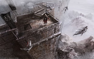 character in red cloth standing on top of castle game interface