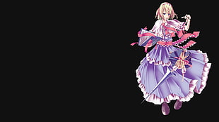 female anime character wearing purple and pink gown