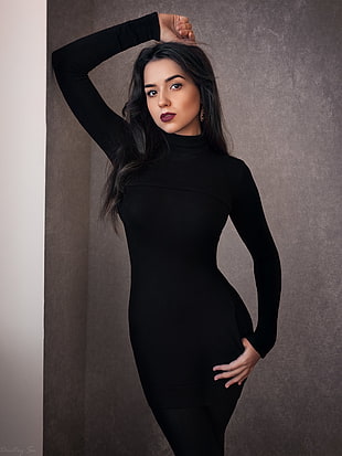 women's black turtleneck long-sleeved bodycon dress, Ura Pechen, women, model, arms up HD wallpaper