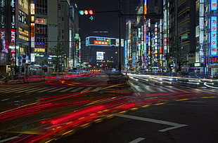 timelapse photography of road taken at nighttime, urban, traffic, Japan HD wallpaper