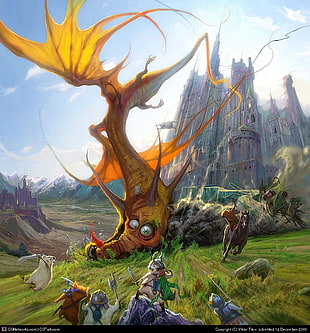 orange dragon digital wallpaper, dragon, castle, fantasy art, digital art