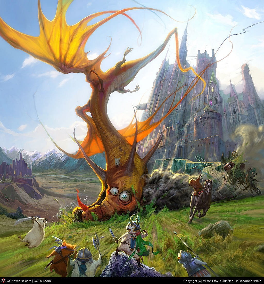 orange dragon digital wallpaper, dragon, castle, fantasy art, digital art