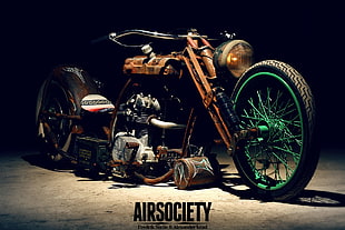 brown and green Airsociety motorcycle, rat style, motorcycle, old car