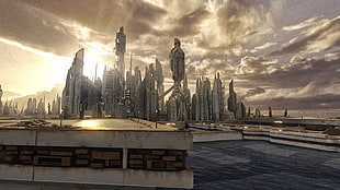white concrete building, Stargate, Atlantis, futuristic city, digital art