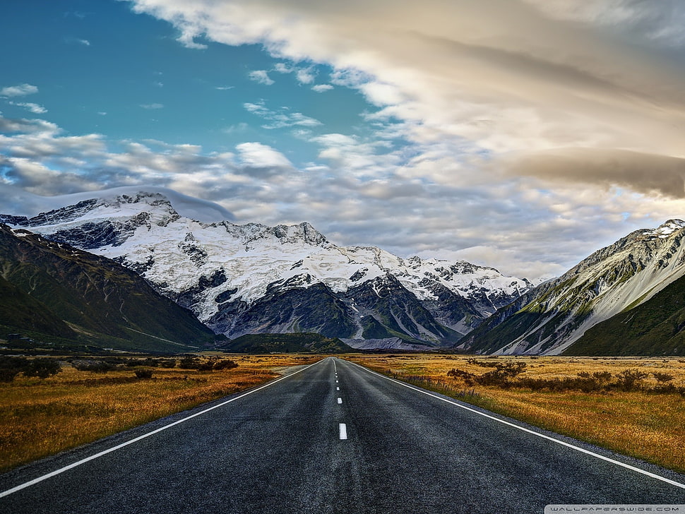 snow covered mountain, road, mountains, clouds, nature HD wallpaper