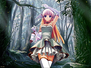 female anime character holding lantern in middle of forest wallpaper