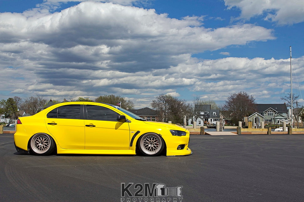 yellow and black sports coupe, Mitsubishi Lancer Evo X, vehicle, car, yellow cars HD wallpaper