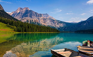 snow-capped mountain, lake, emerald, summer, mountains HD wallpaper