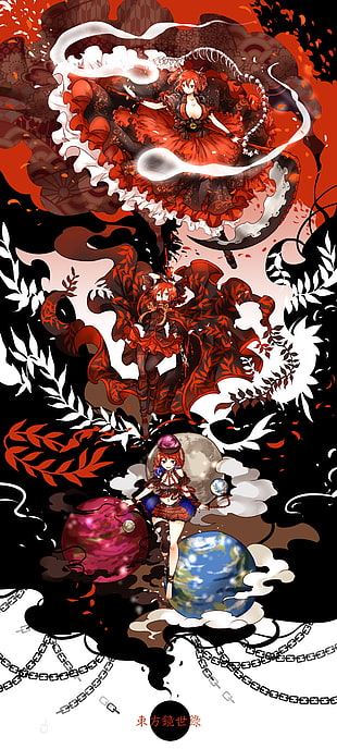 multicolored female character wallpaper, Touhou, Onozuka Komachi, Sekibanki, Hecatia Lapislazuli