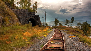 brown train rails, photography, railroad track