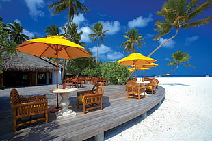yellow patio umbrellas, hotel, palm trees, beach