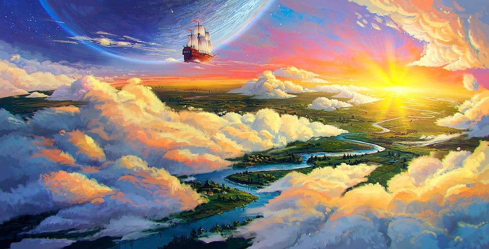 floating boat over cloud formation and land mass with river at daytime digital wallpaper, fantasy art, artwork, boat, clouds HD wallpaper