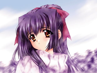 purple long haired anime character wearing ribbon on head