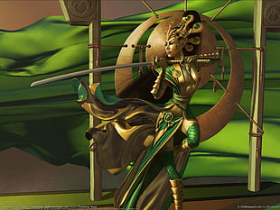 woman wearing green armor and holding sword illustration