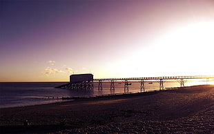 grey wooden sea dock, beach, sky, pier, horizon