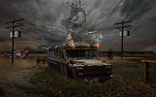 yellow bus on grass illustration, buses, the Darkness, swamp, Photoshop HD wallpaper
