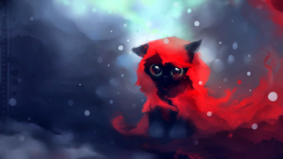 black and red animal digital illustration, anime, cat, Apofiss, artwork HD wallpaper