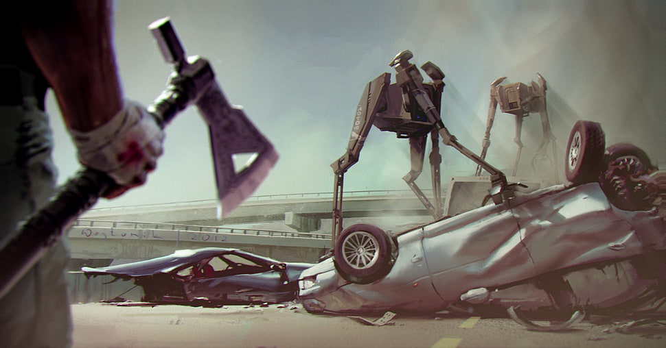 brown and black compound bow, robot, crash, hunter HD wallpaper