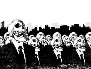 grayscale photo of skulls digital wallpaper, crowds, Alex Cherry, suits, artwork