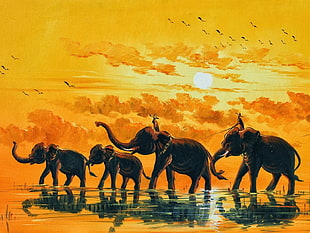 four brown elephant painting, fantasy art, elephant, artwork, sky