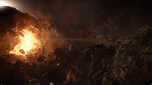 explosion of rock formation, space, asteroid, Star Citizen
